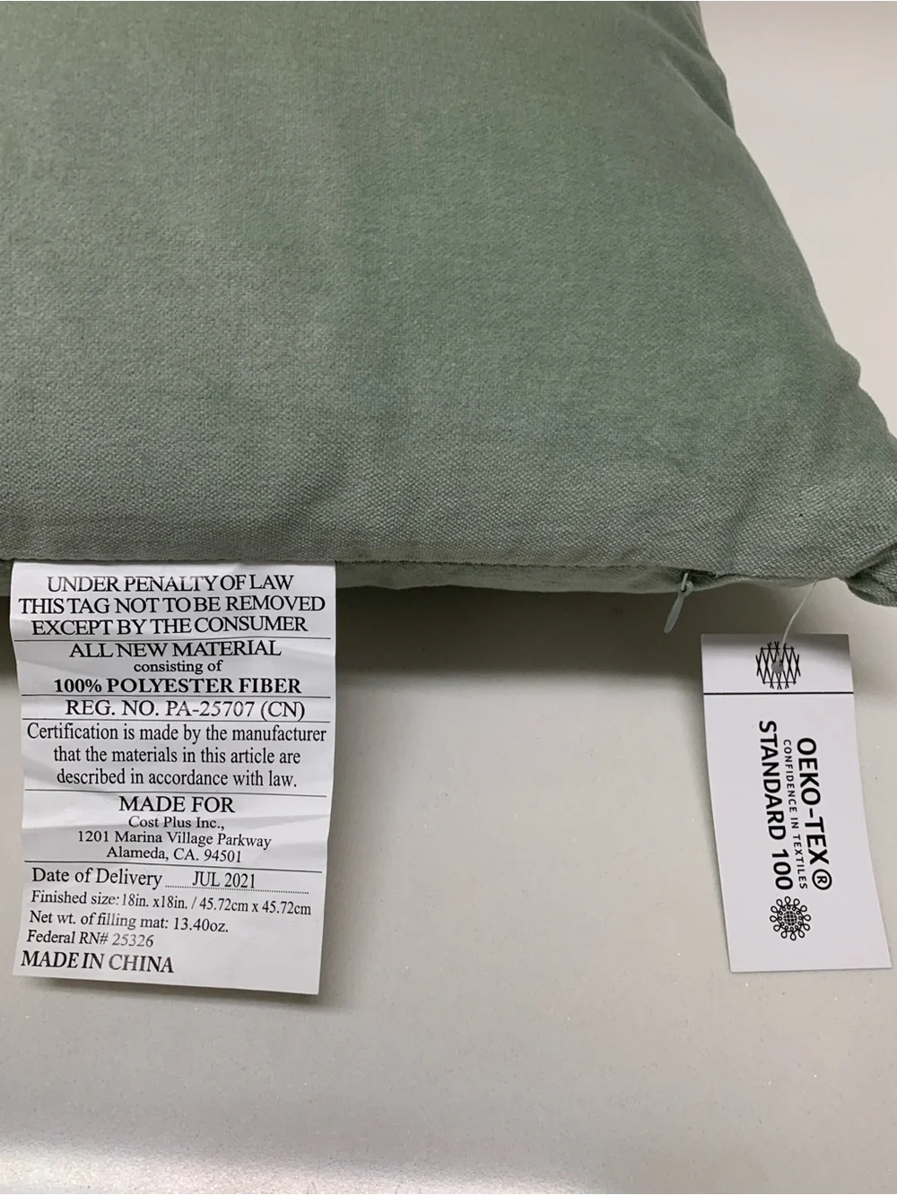 WORLD MARKET Velvet Throw Pillow Sage Green 18” Square